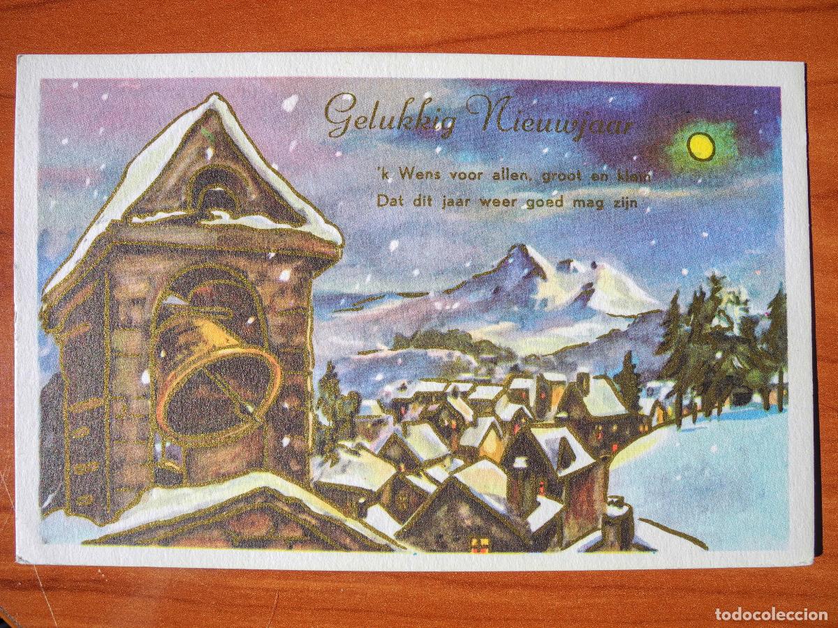 Postais: Postal Navidad. Ciudad nevada. Campanas Trazos dorados Circulada con sello 9x14
