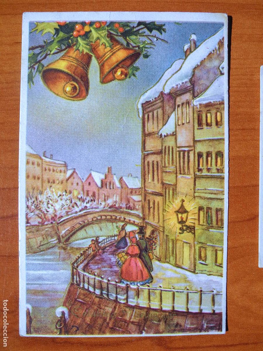 Postais: Postal Navidad. Ciudad nevada. Campanas r&iacute;o Trazos dorados Circulada con sello 1964 9x14