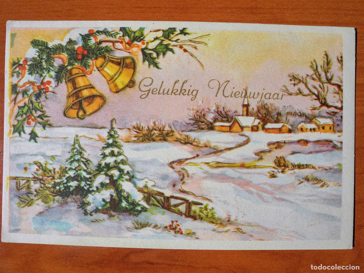 Postais: Postal Navidad. Paisaje nevado. Campanas Trazos dorados Circulada con sello 1961 9x14