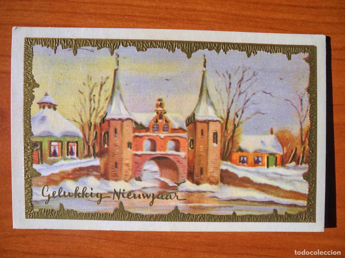Postais: Postal Navidad. Paisaje nevado. Con relieve. Contornos dorados Circulada con sello 14x9