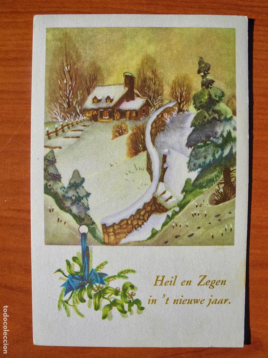 Postais: Feliz a&ntilde;o nuevo. Pasaje nevado. Trazos dorados. Mu&eacute;rdago. Circulada sin sello. 9x14