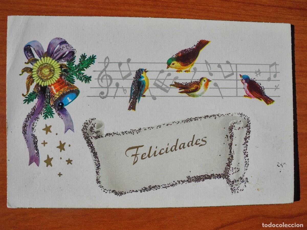 Postais: Feliz a&ntilde;o nuevo. P&aacute;jaros cantando. Purpurina. Escrita 1963. 9x14. n. 2363/C Pajarita.