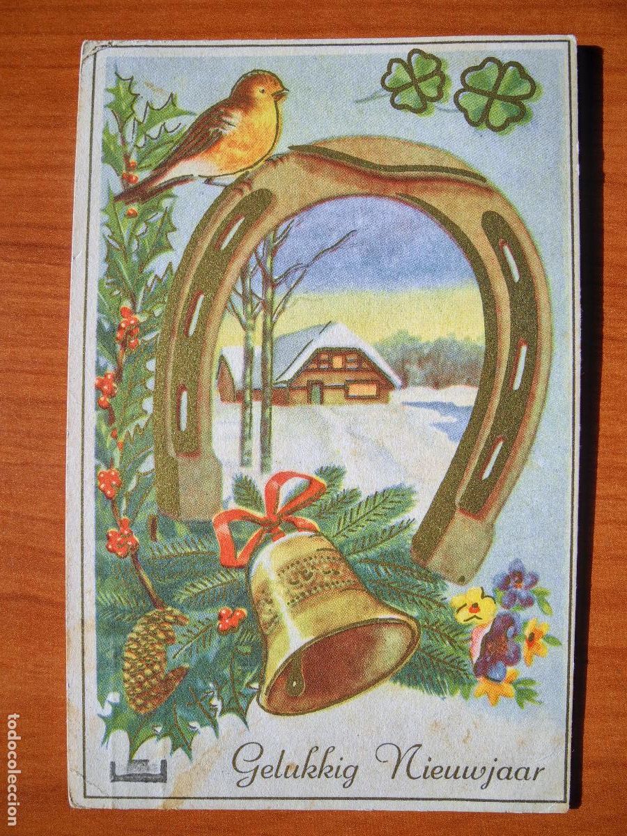 Postais: Feliz a&ntilde;o nuevo Herradura de la suerte Acebo campana, tr&eacute;bol Trazos dorados. Circulada 9x14