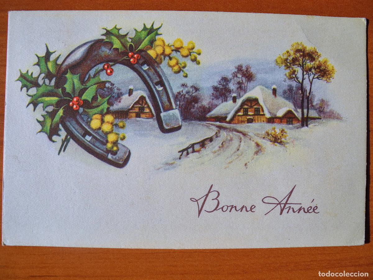 Postais: Feliz a&ntilde;o nuevo Herradura de la suerte Acebo mu&eacute;rdago. Paisaje nevado. Circulada 9x14