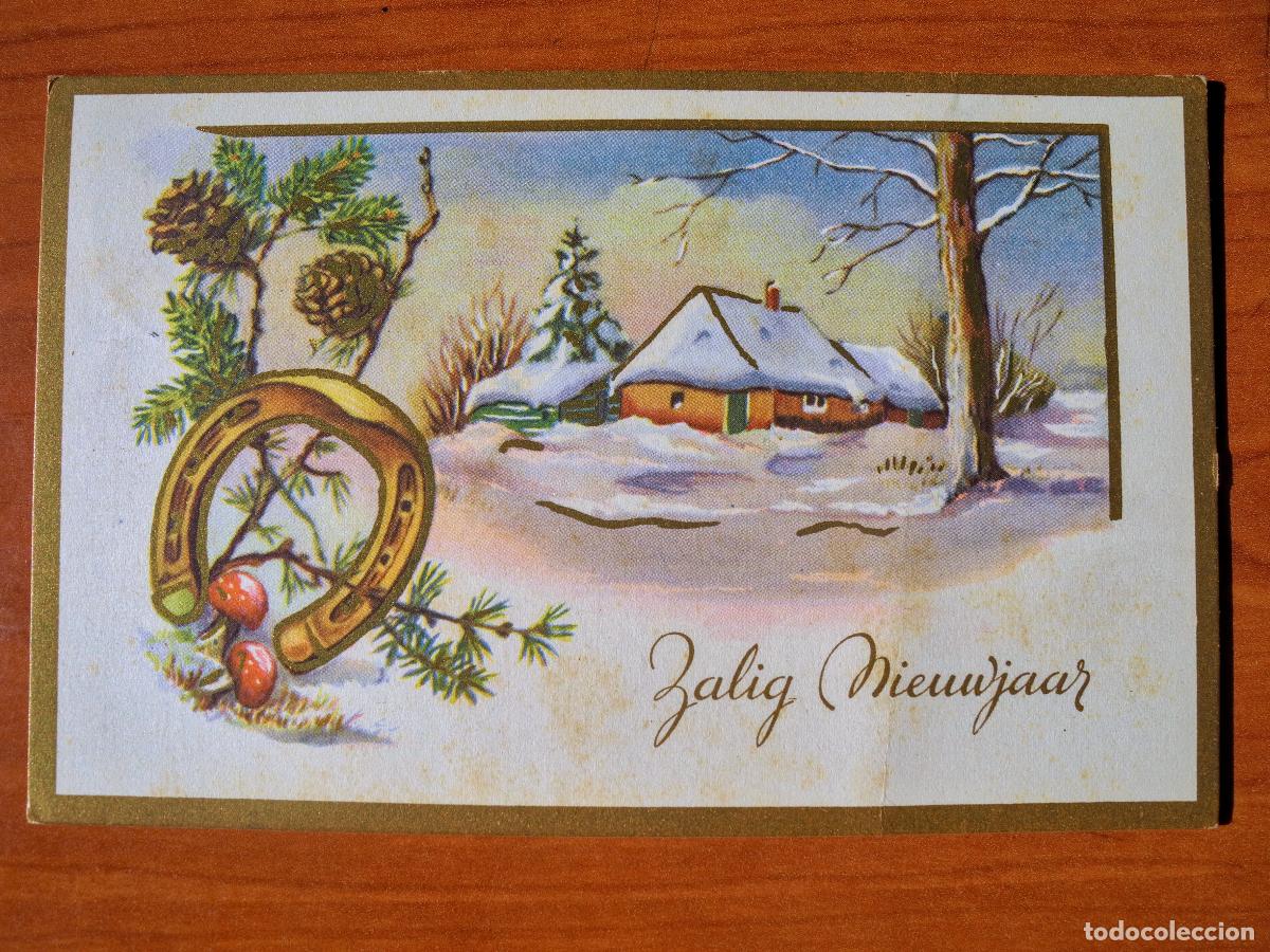Postais: Feliz a&ntilde;o nuevo Herradura de la suerte Paisaje nevado. Circulada con sello 1953 14x9