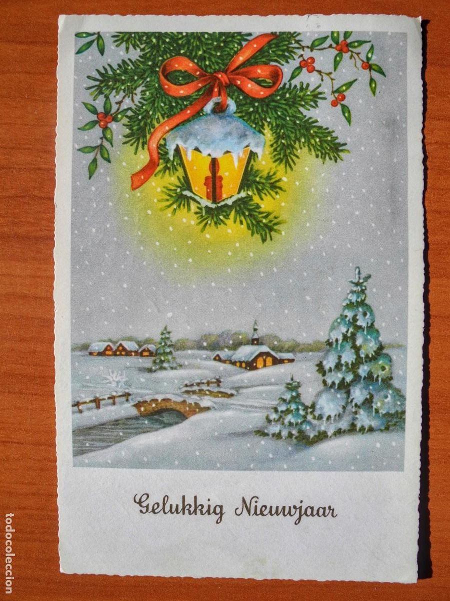 Postais: Feliz a&ntilde;o nuevo Farol Paisaje nevado. Circulada con sello 1962 9x14