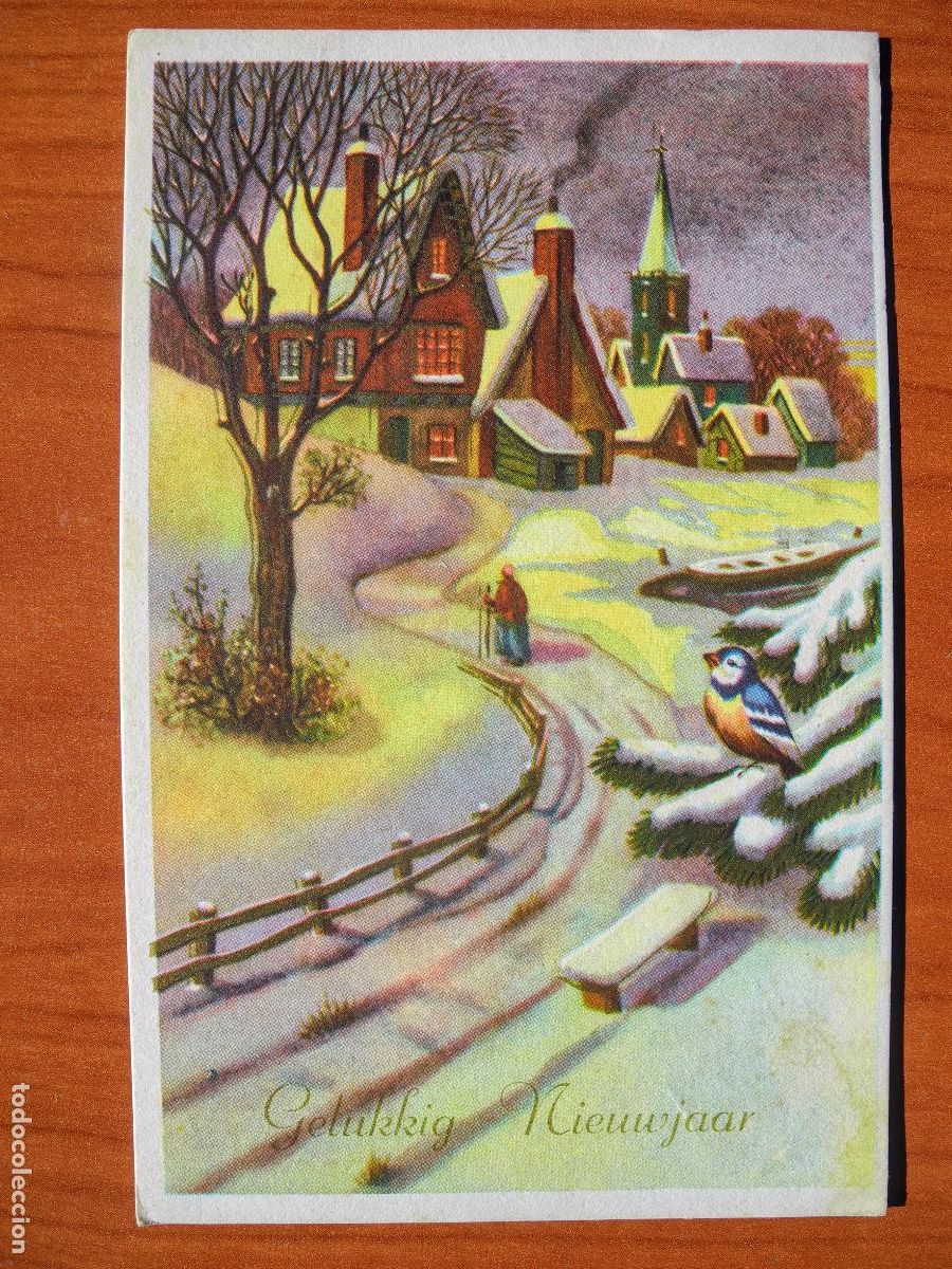 Postais: Navidad. Paisaje nevado. Pajaro Pajarito herrerillo. Camino trazos dorados. Circulada con sello 9x14