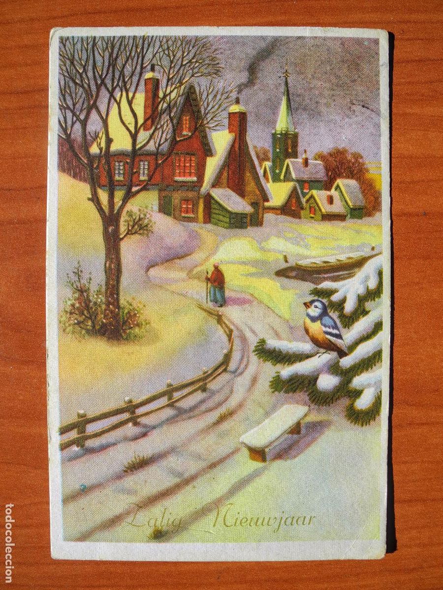 Postais: Navidad. Paisaje nevado. Pajaro Pajarito herrerillo. Trazos dorados. Circulada sin sello 1964 9x14