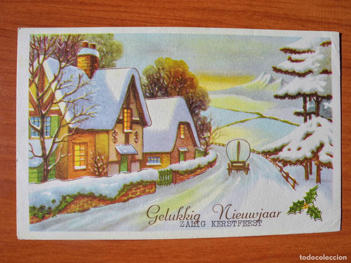Postais: Postal Navidad Carreta de caballos paisaje nevado casa contornos dorados. Circulada con sello 1981