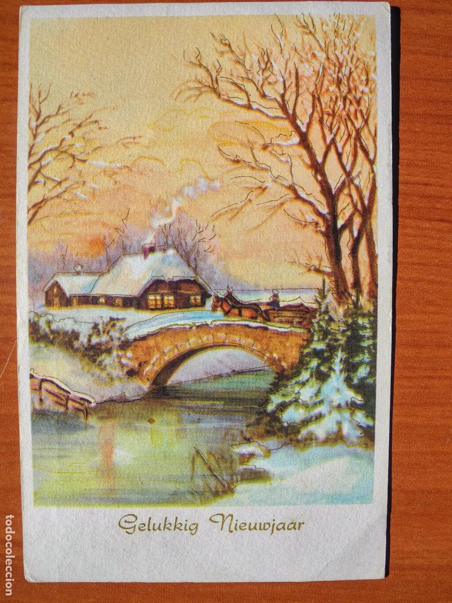 Postkarten: Navidad Carro de caballos paisaje nevado casa r&iacute;o contornos dorados Circulada con sello 9x14