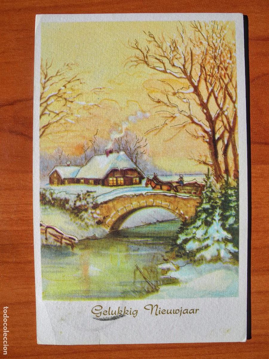 Postkarten: Navidad Carro de caballos paisaje nevado casa r&iacute;o contornos dorados Circulada con sello 1964 9x14