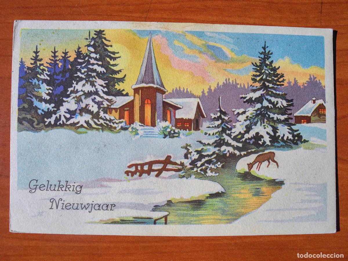 Postkarten: Navidad ciervo cervatillo paisaje nevado casa r&iacute;o Circulada sin sello a&ntilde;os 30 14x9