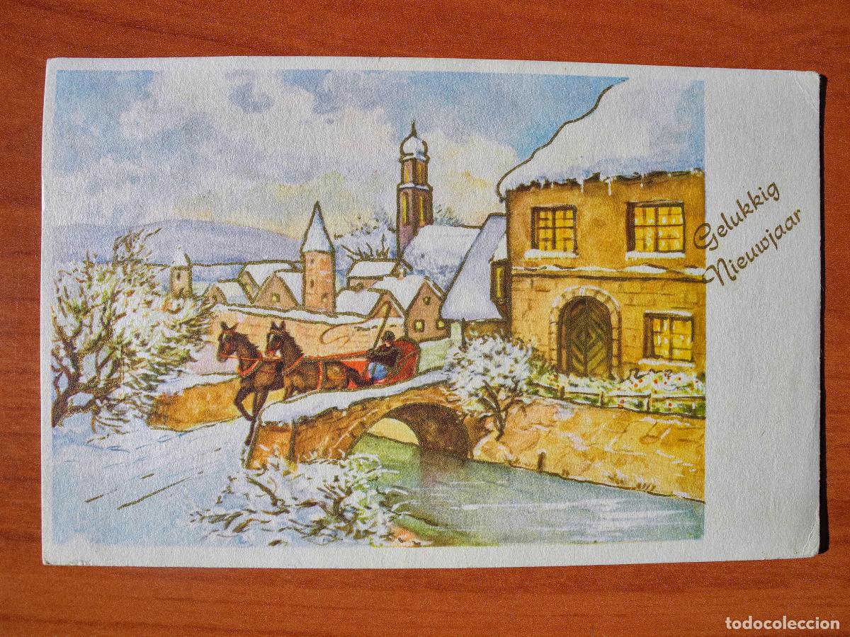 Postkarten: Navidad paisaje nevado casa r&iacute;o Trineo de caballos Circulada con sello 14x9
