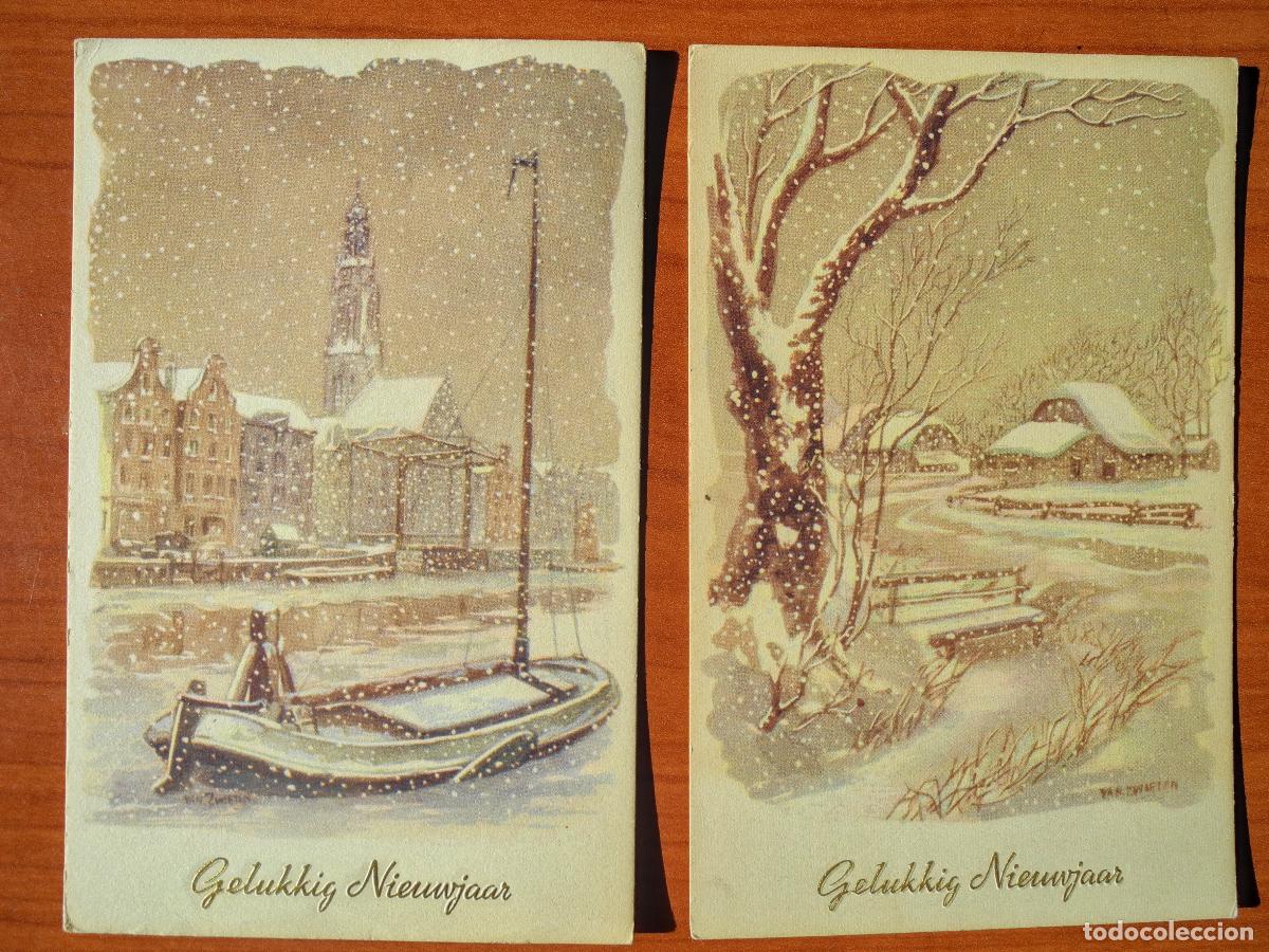 Postkarten: Dos postales Navidad paisaje nevado casa r&iacute;o barca Circulada con sello a&ntilde;os 50 9x14