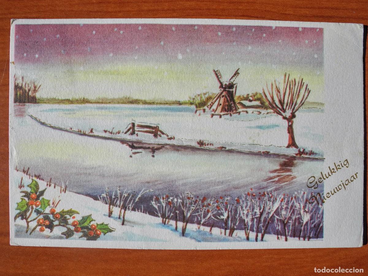 Postkarten: Navidad paisaje nevado molino r&iacute;o Trazos dorados. Circulada con sello 1963 9x14