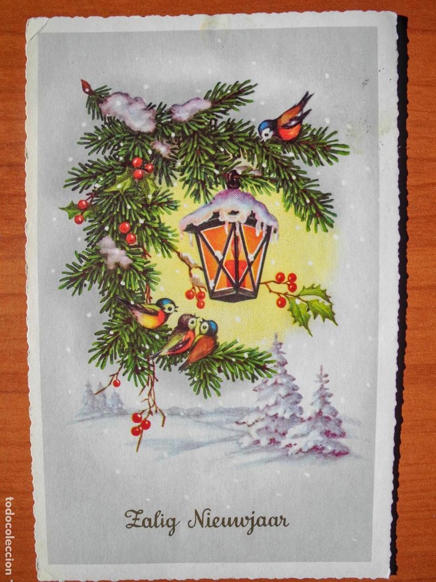 Postkarten: Navidad paisaje nevado Farol. P&aacute;jaros pajarillos. Circulada con sello 1955 14x9