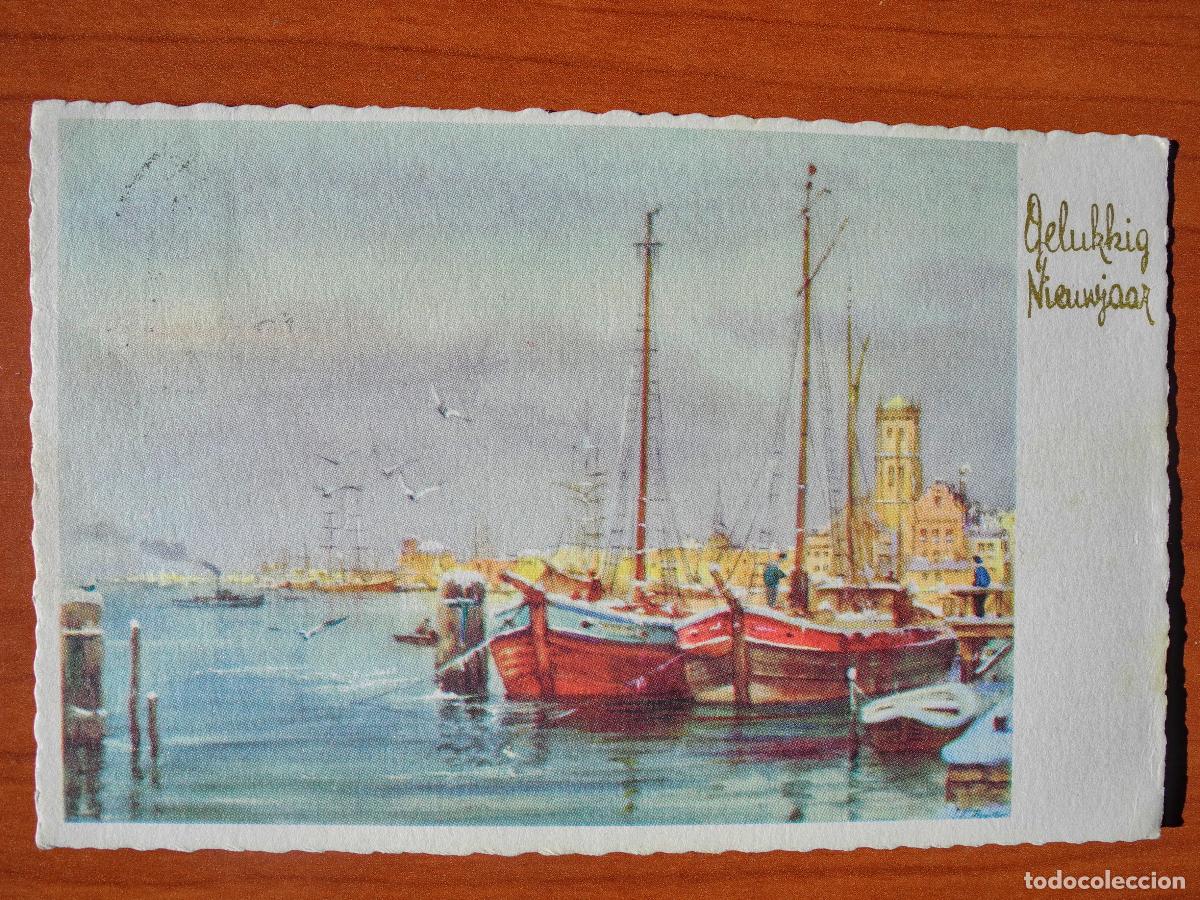 Postcards: Navidad paisaje nevado Barcas, puerto. Circulada sin sello 14x9