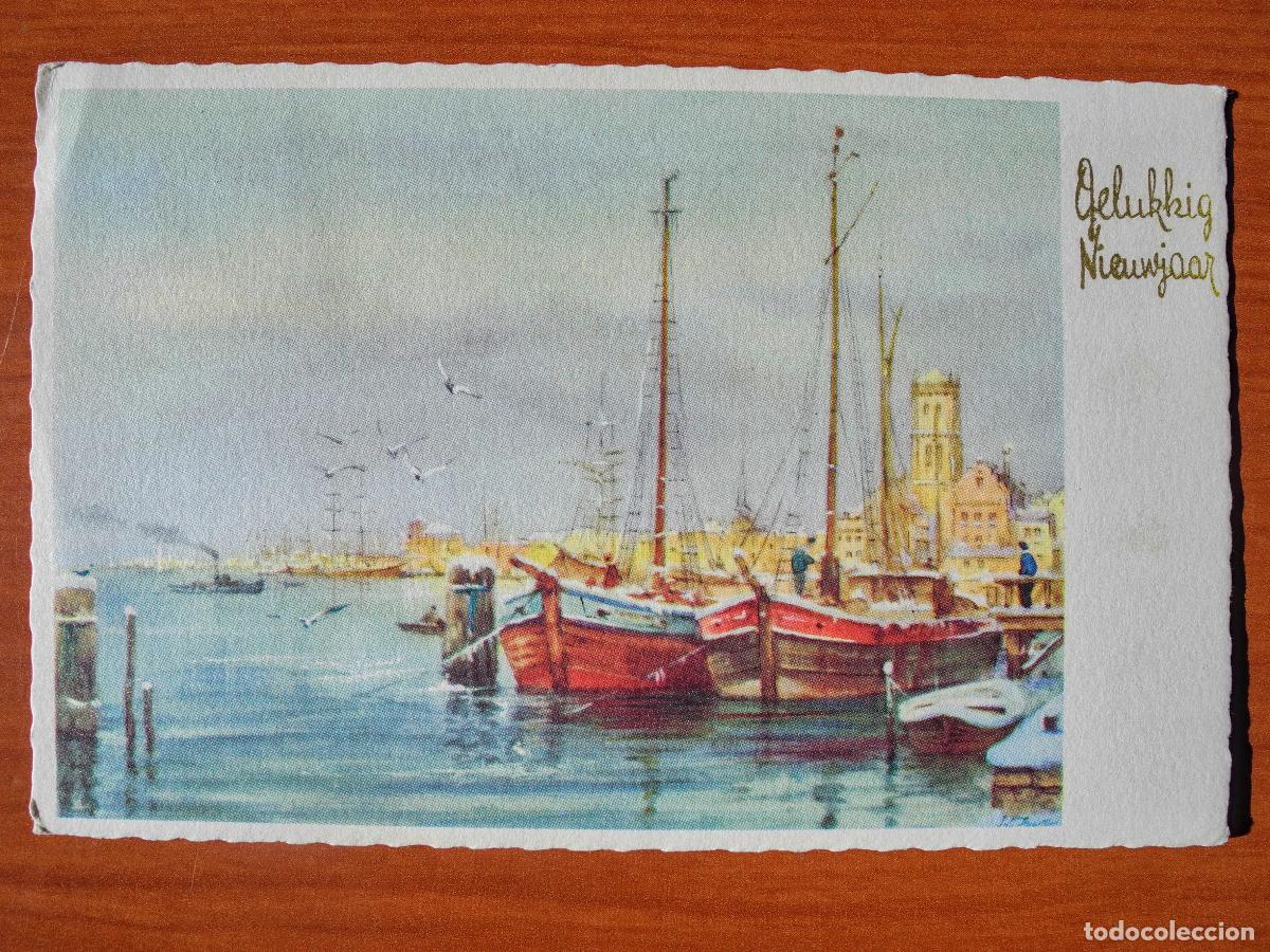 Postcards: Navidad paisaje nevado Barcas, puerto. Circulada con sello 1961 14x9