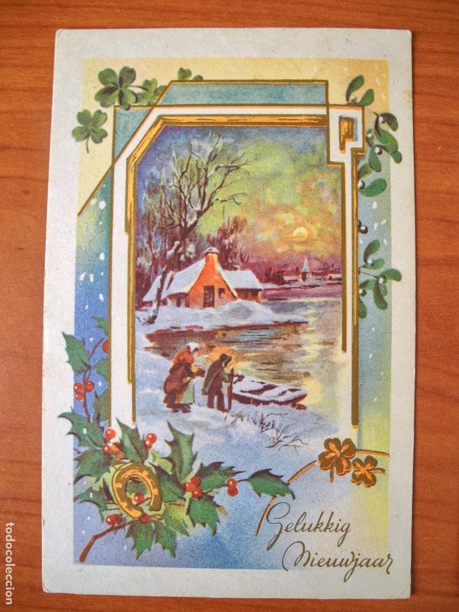 Postais: Navidad Paisaje nevado Personas subiendo a una barca R&iacute;o Trazos dorado Circulada con sello 1960 9x14