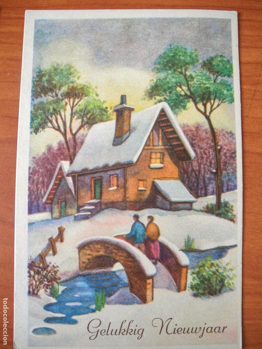 Postais: Navidad Paisaje nevado Personas atravesando puente Trazos dorado Circulada con sello 1956 9x14