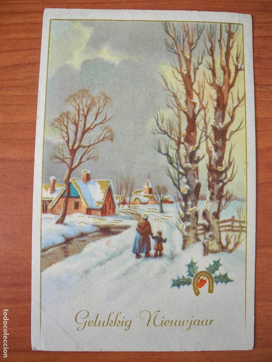 Postais: Navidad Paisaje nevado Personas caminado Trazos dorado Circulada con sello 1955 9x14