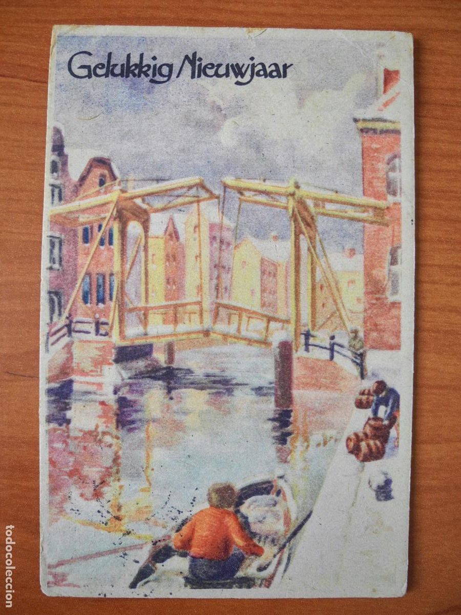 Postais: Navidad Puente, r&iacute;o. Persona en una barca. Circulada con sello 1946 8,5x13