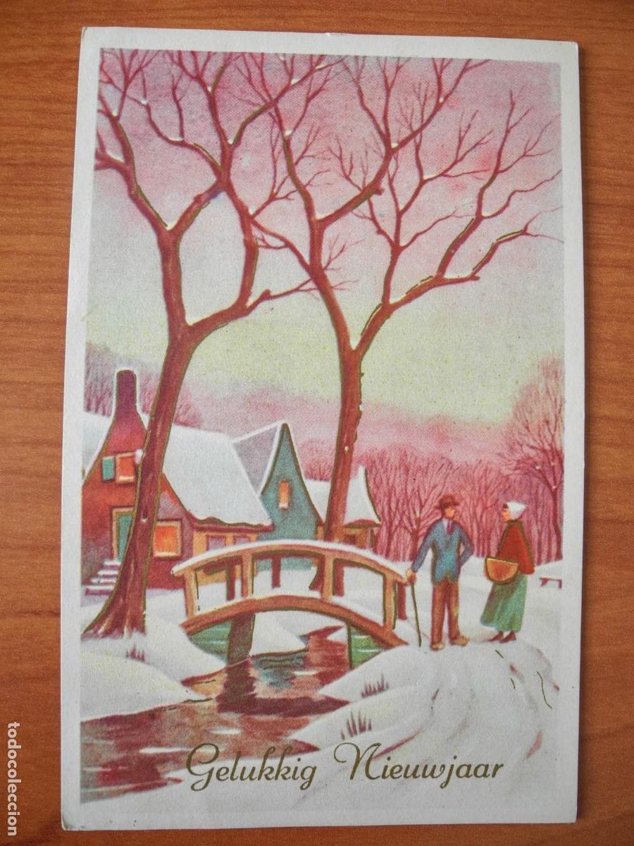 Postais: Navidad Paisaje nevado. Personas hablando Puente Trazos dorados Escrita sin sello 1956 9x14