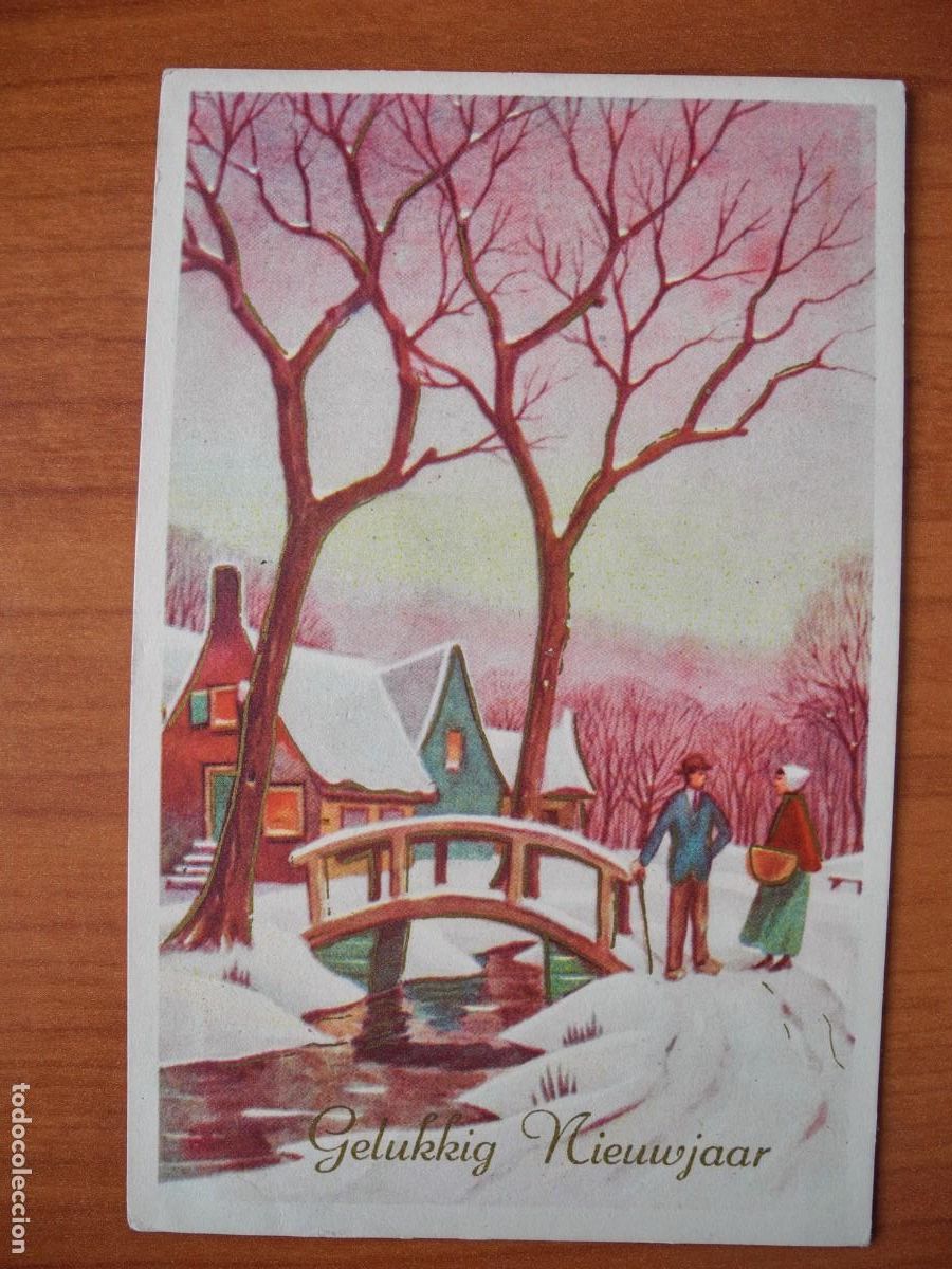 Postais: Navidad Paisaje nevado. Personas hablando Puente Trazos dorados Circulada con sello 1956 9x14