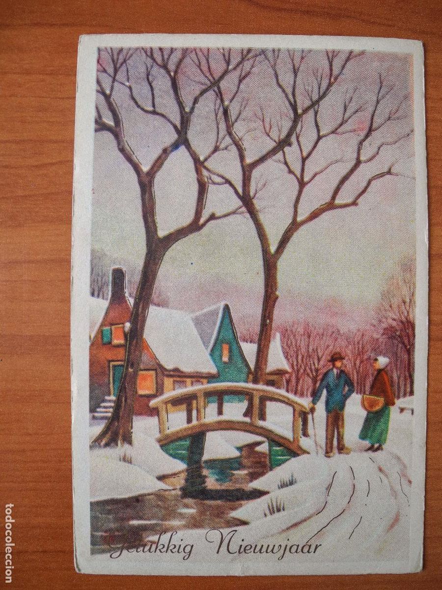 Postais: Navidad Paisaje nevado. Personas hablando Puente Trazos dorados Circulada con sello 9x14
