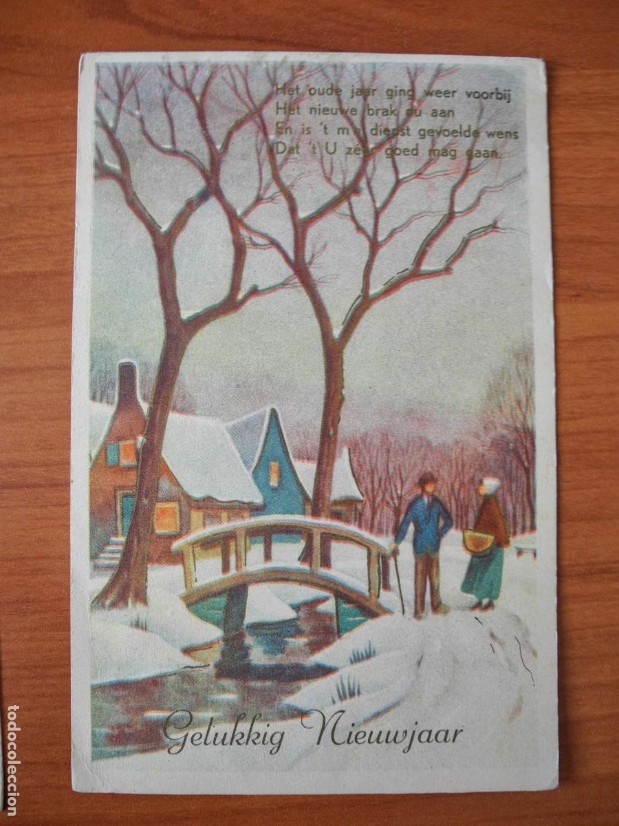 Postais: Navidad Paisaje nevado Personas hablando Puente Trazos dorados Circulada con sello 9x14