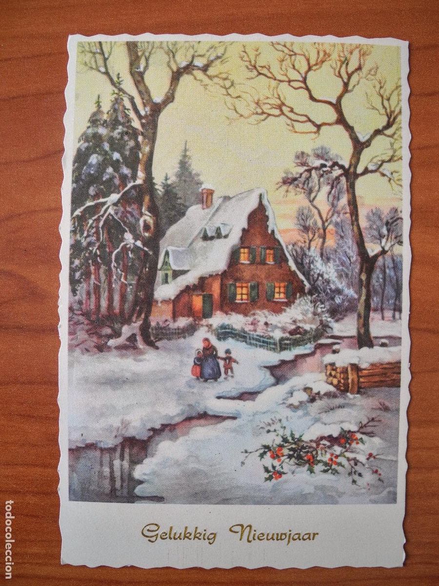 Postais: Navidad Paisaje nevado Personas caminando R&iacute;o Circulada con sello 1958 9x14. Troquelada