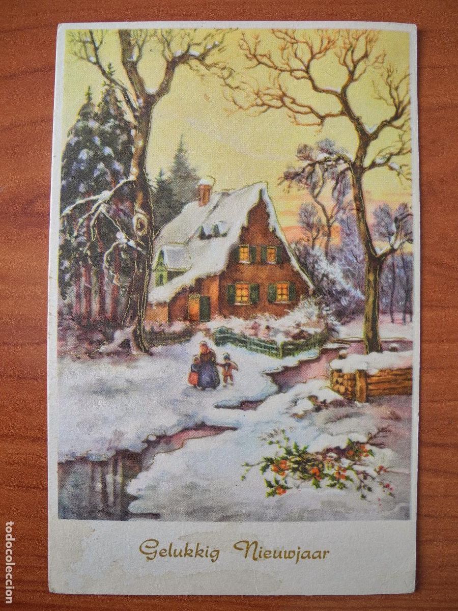 Postais: Navidad Paisaje nevado Personas caminando R&iacute;o Circulada con sello 1960 9x14.