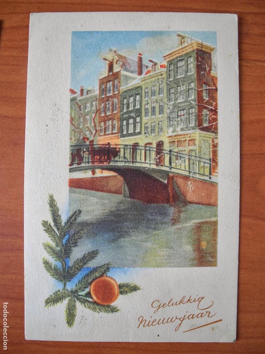 Postais: Navidad Edificios Persona sobre puente R&iacute;o Circulada sin sello 1953 9x14.