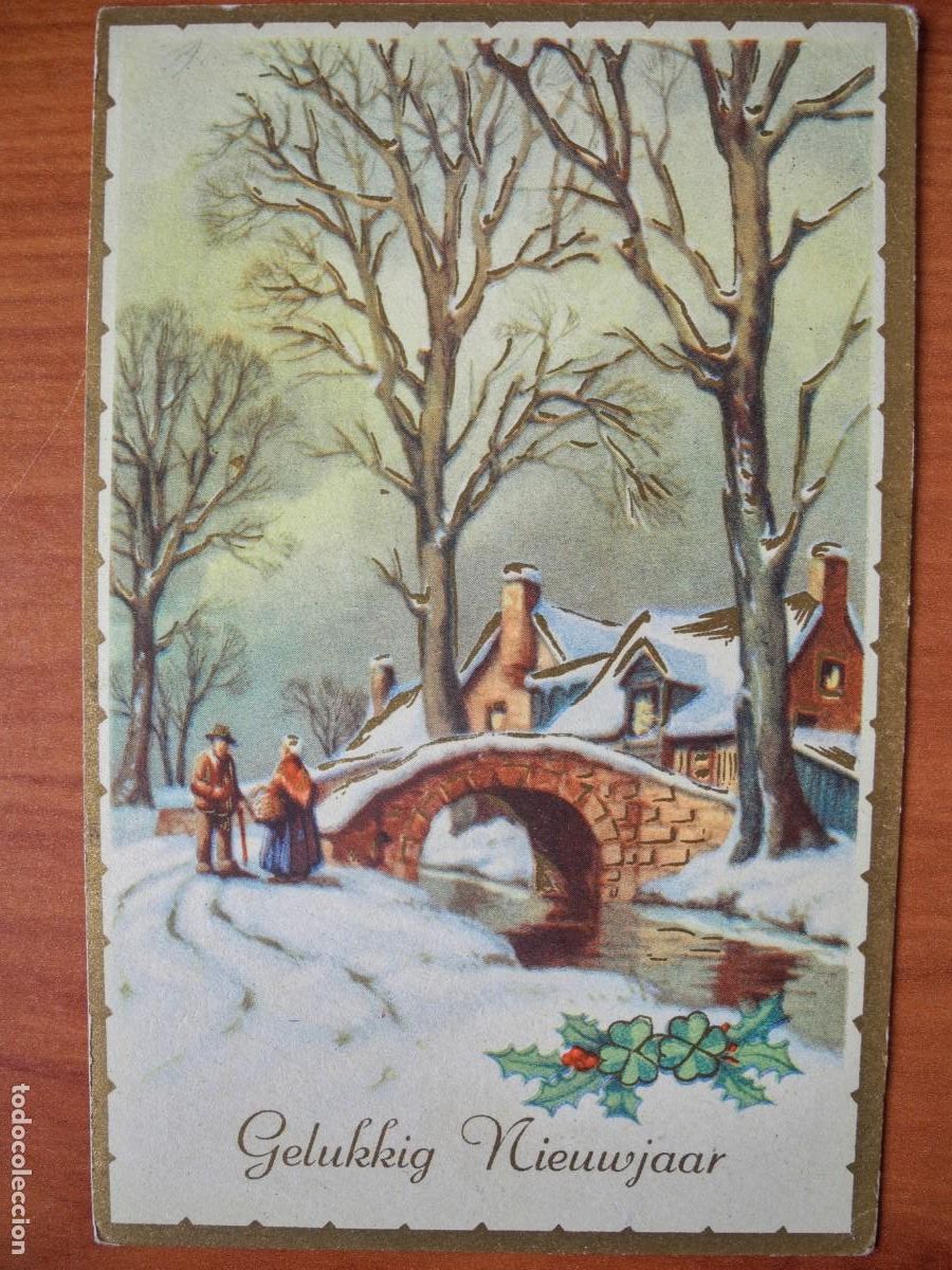 Postais: Navidad Paisaje nevado Personas caminando puente R&iacute;o Trazos dorados. Circulada sin sello 1954 9x14.