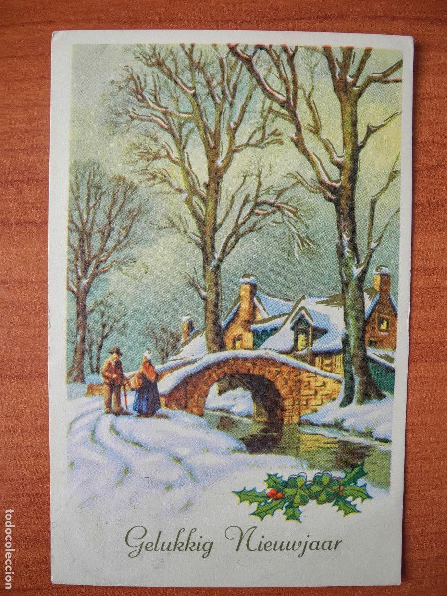 Postais: Navidad Paisaje nevado Personas caminando puente R&iacute;o Trazos dorados. Circulada con sello 1956 9x14.