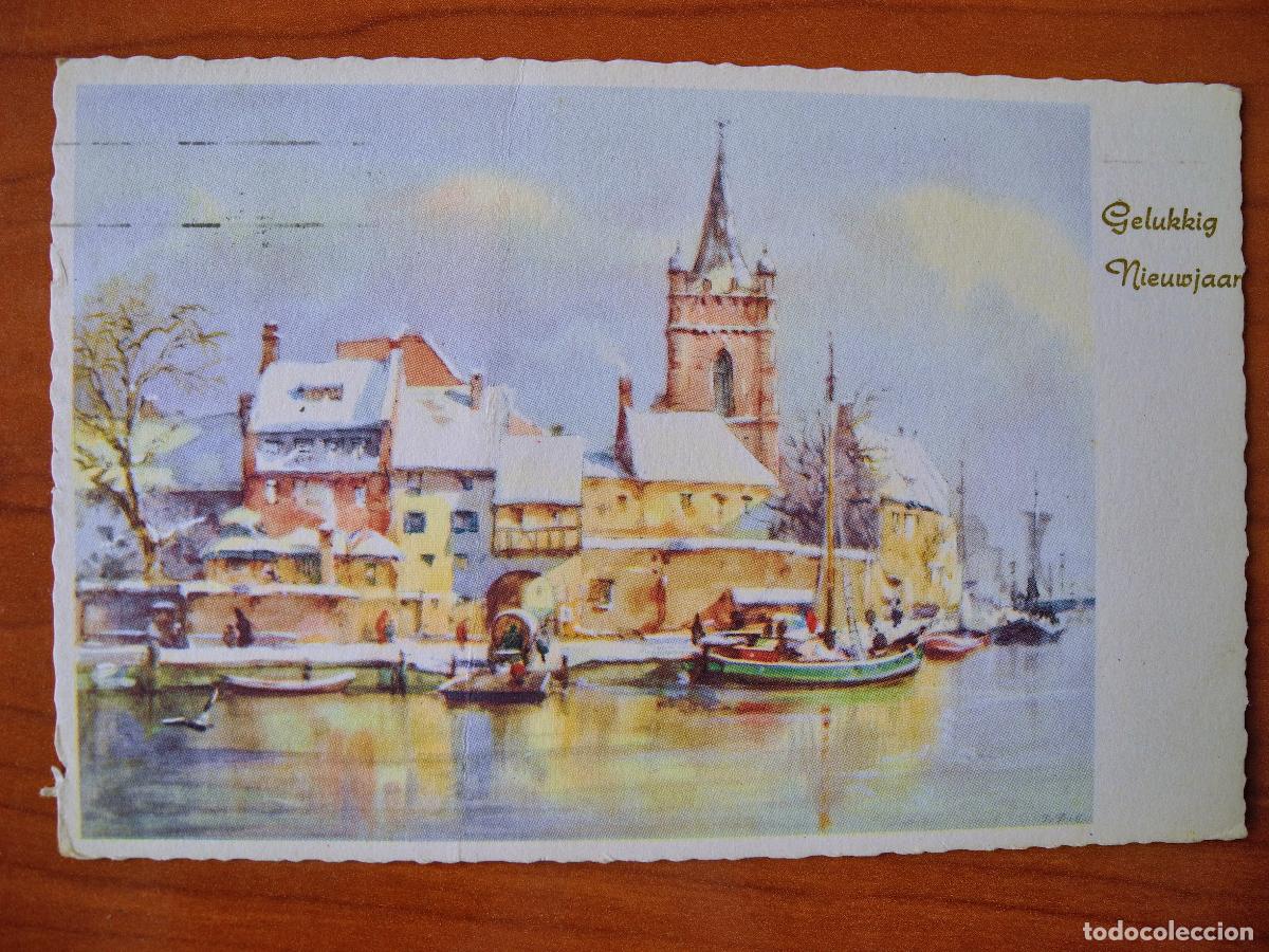 Postais: Navidad ciudad nevada R&iacute;o Barcas Circulada con sello 9x14.