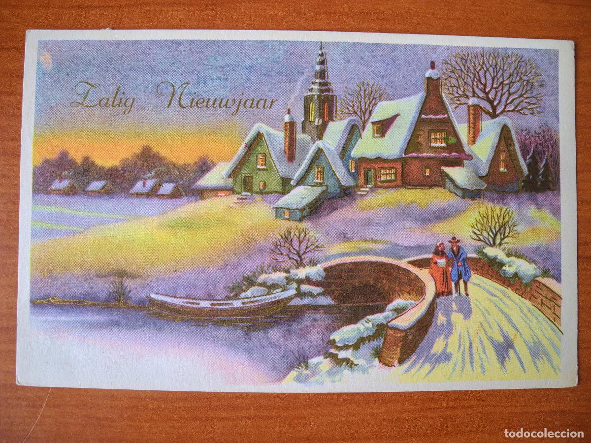 Postais: Navidad Paisaje nevado R&iacute;o Puente Personas paseando Trazos dorados Circulada con sello 1967 14x9