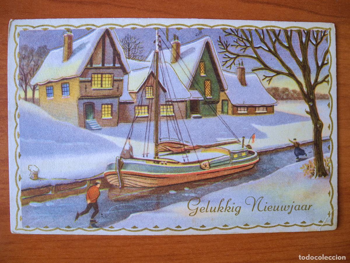 Postais: Navidad Paisaje nevado R&iacute;o Barca Personas Patinando Trazos dorados Circulada con sello 1957 14x9