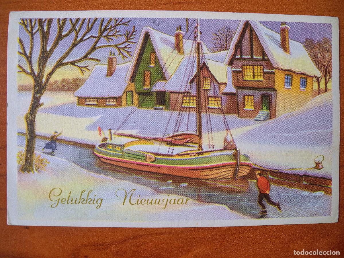Postais: Navidad Paisaje nevado R&iacute;o Barca Personas Patinando Trazos dorados Circulada con sello 1965 14x9