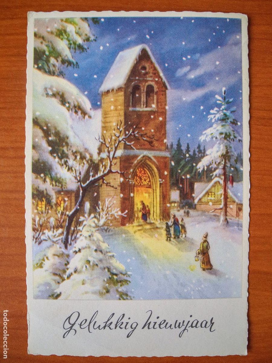 Postais: Navidad Paisaje nevado Personas Iglesia Circulada con sello 1964 9x14