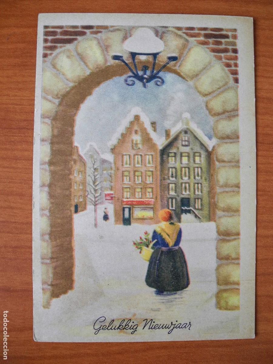 Postais: Antigua postal felicitaci&oacute;n A&ntilde;o Nuevo. Navidad Ciudad nevada Farol Puerta Persona Nueva 9x14