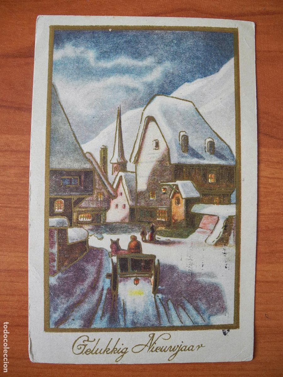 Postais: Navidad Ciudad nevada Carro Trazos dorados Circulada con sello 1953 9x14