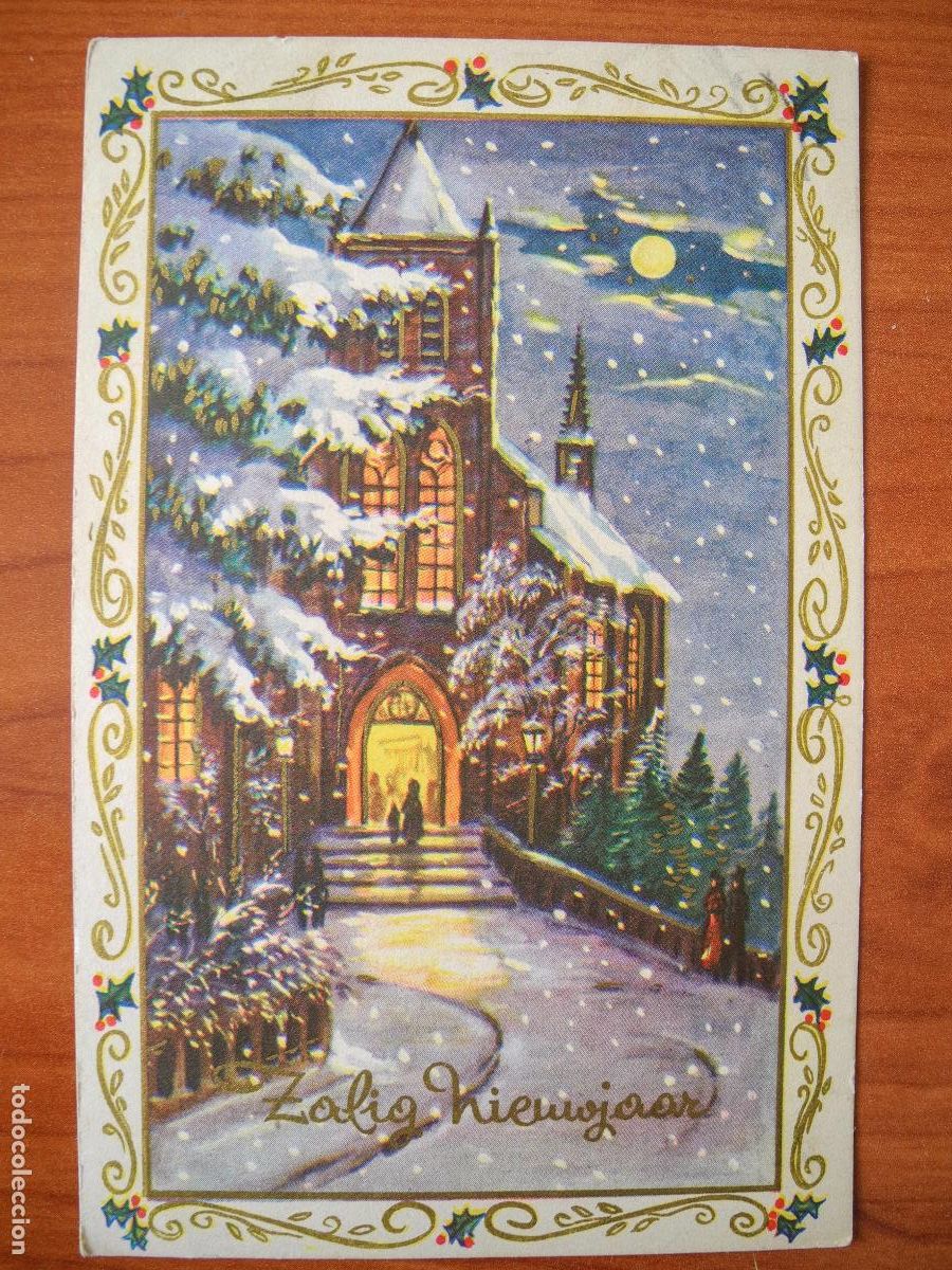 Postais: Navidad Paisaje nevado Iglesia Personas. Trados dorados Circulada sin sello 1955 9x14