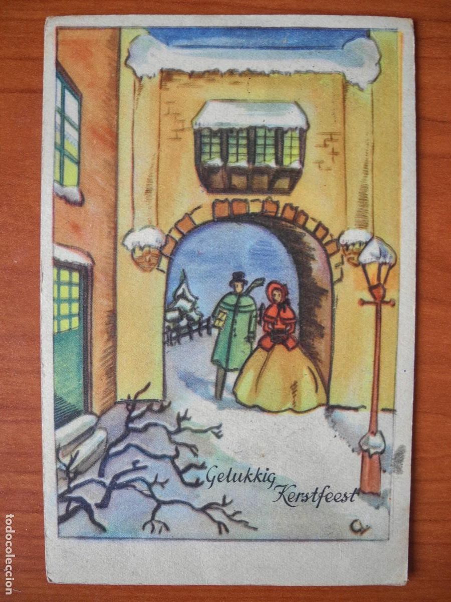 Postais: Navidad Paisaje nevado puerta Personas. Circulada sin sello 9x14