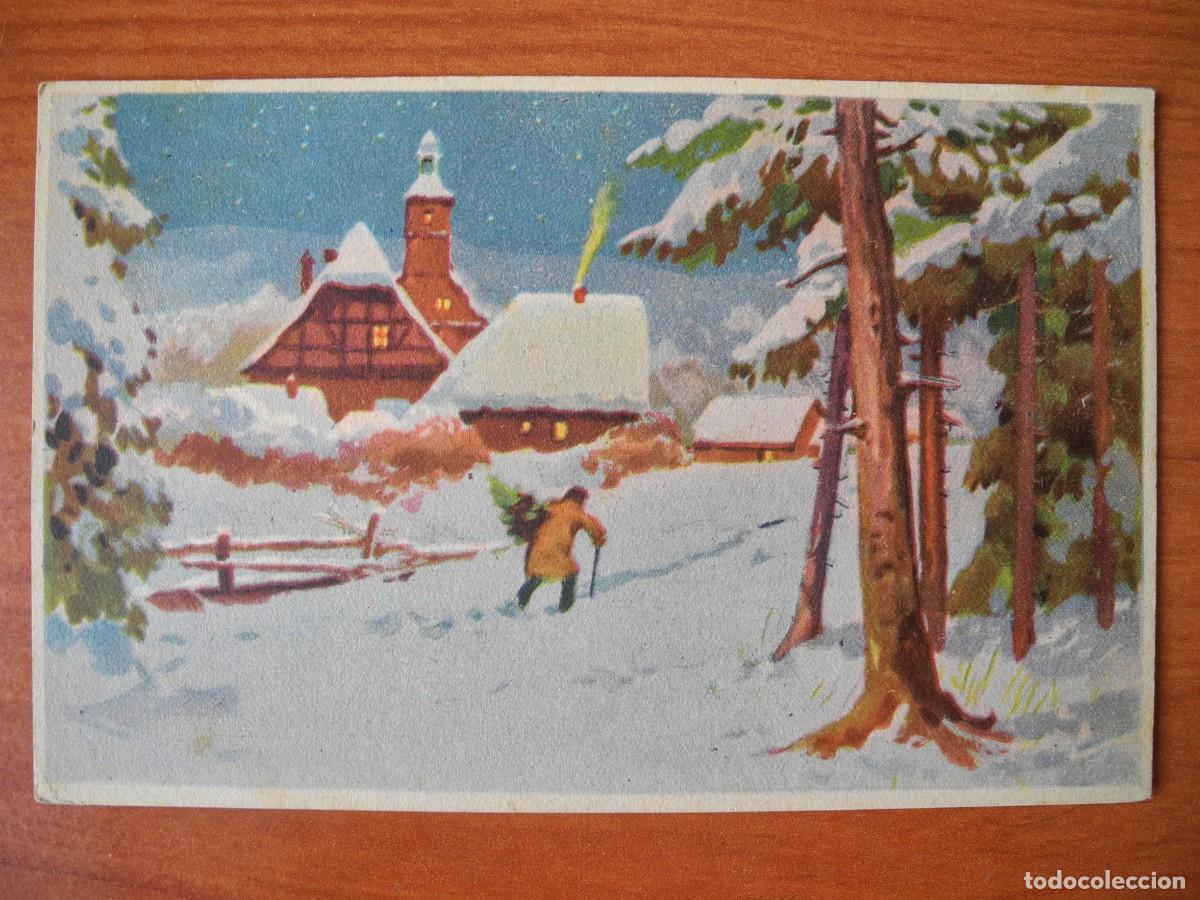 Postais: Navidad Paisaje nevado Persona caminado. Escrita 1945 14x9
