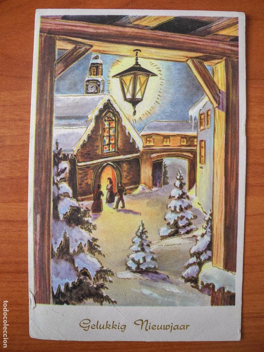 Postais: Navidad Paisaje nevado Personas Iglesia Farol Puerta Trazos dorados Circulada con sello 1961 14x9