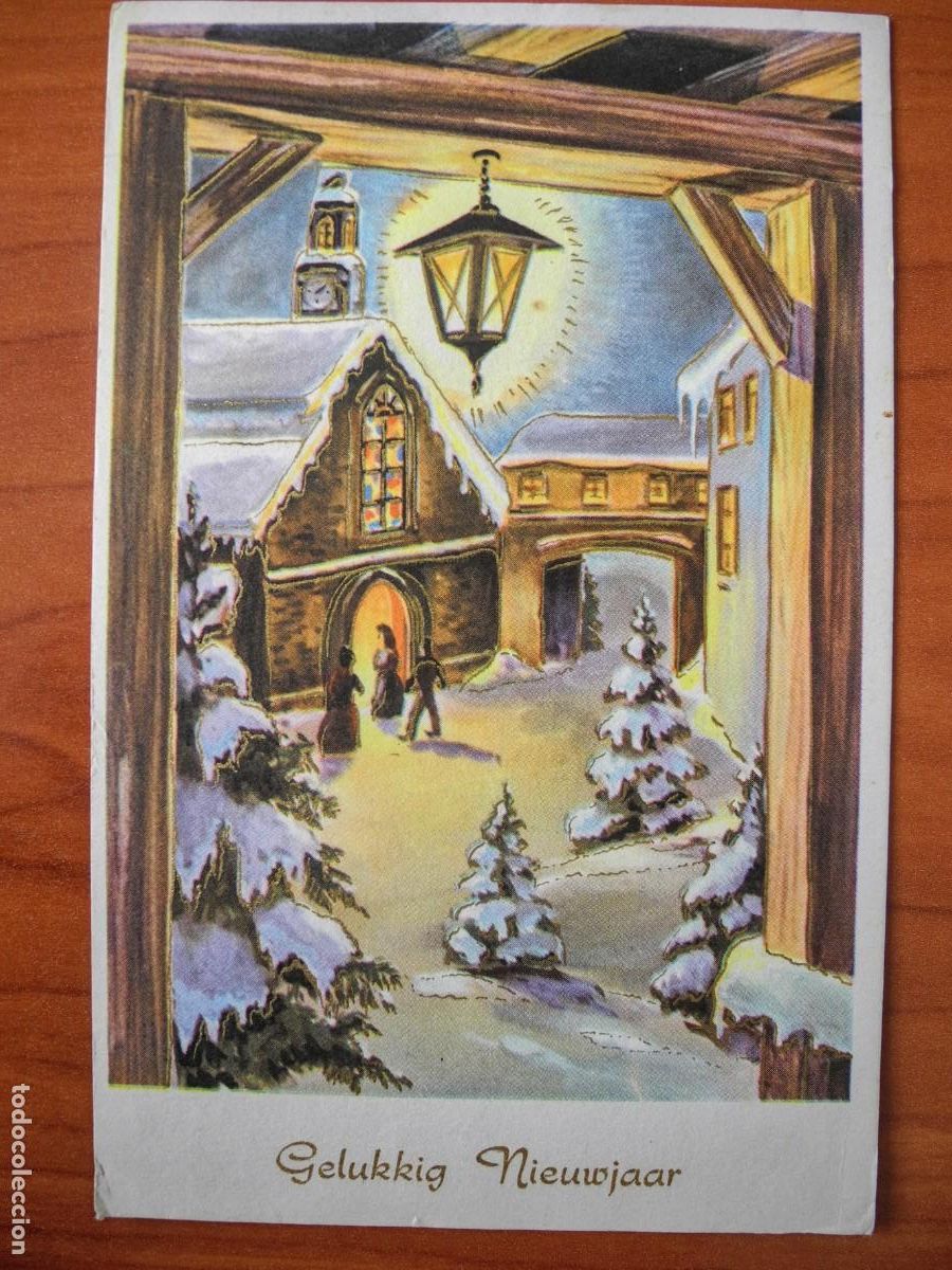 Postais: Navidad Paisaje nevado Personas Iglesia Farol Puerta Trazos dorados Circulada sin sello 14x9
