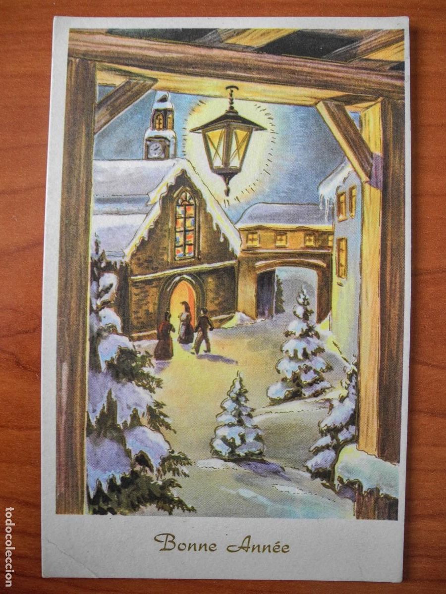 Postais: Navidad Paisaje nevado Personas Iglesia Farol Puerta Trazos dorados Circulada con sello 1963 14x9