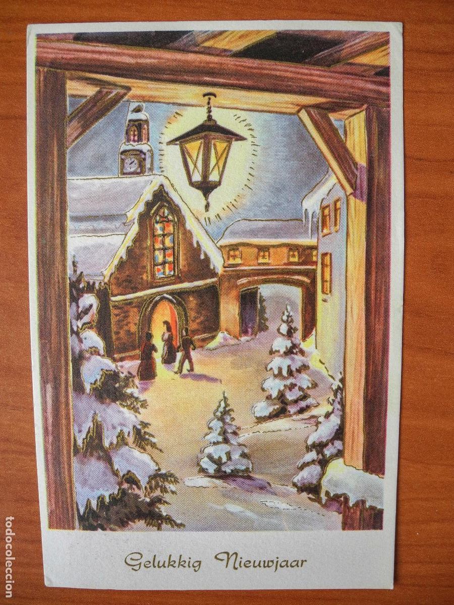 Postais: Navidad Paisaje nevado Personas Iglesia Farol Puerta Trazos dorados Circulada con sello 1961 14x9