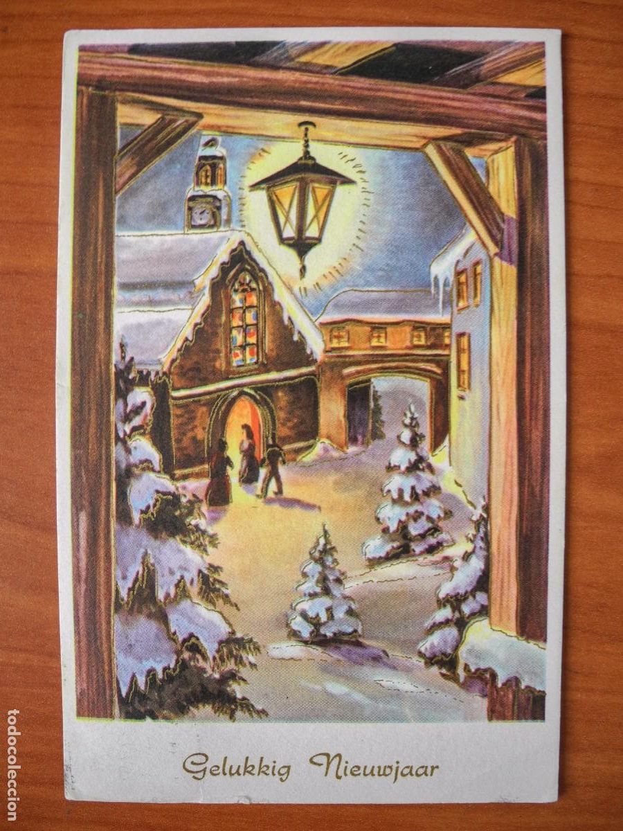 Postais: Navidad Paisaje nevado Personas Iglesia Farol Puerta Trazos dorados Circulada con sello 14x9